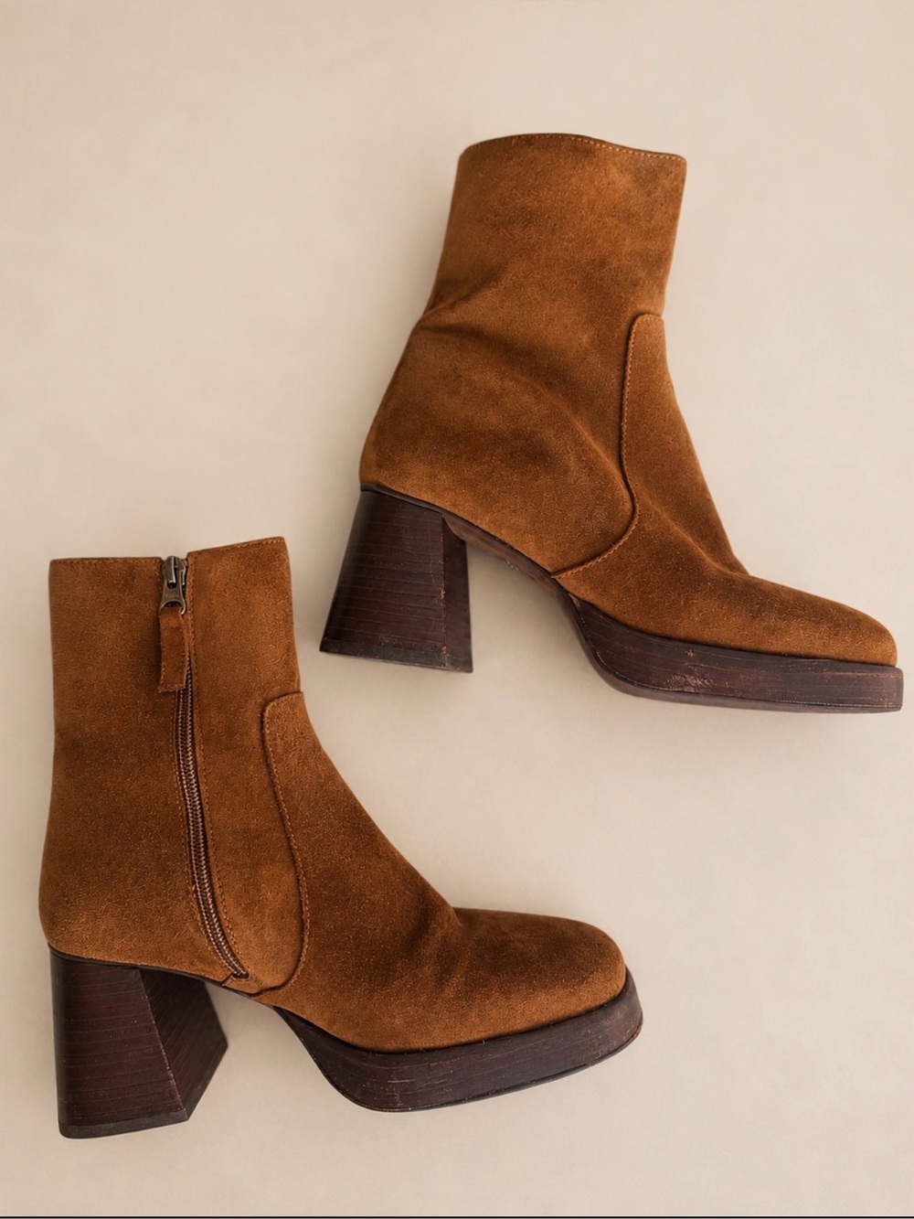 L’INTERVALLE Chestnut Brown Suede Platform Block Heel Ankle Boots 38 / US 7.5-8 - Picture 10 of 17